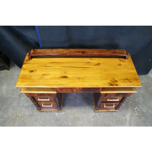 Early 20th Century Antique American Empire Art Deco Flame Mahogany Pine Library Writing Desk 49" For Sale - Image 4 of 10