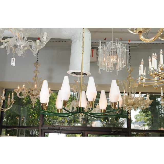 1950s 10-Light Brass & Lacquer Green Chandelier in Manner of Stilnovo For Sale - Image 10 of 12
