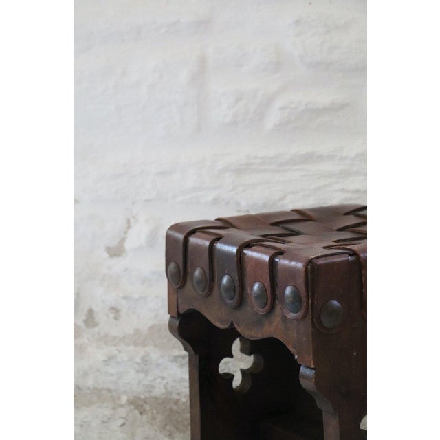 Vintage Brutalist Wood and Leather Stools, 1950s, Set of 2 For Sale - Image 4 of 12