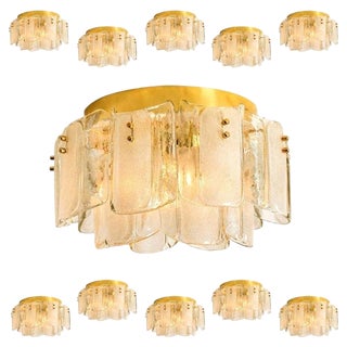 Large Glass Brass Flush Mounts in the style of Kalmar, 1969, Set of 2 For Sale