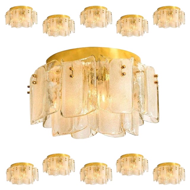 Large Glass Brass Flush Mounts in the style of Kalmar, 1969, Set of 2 For Sale