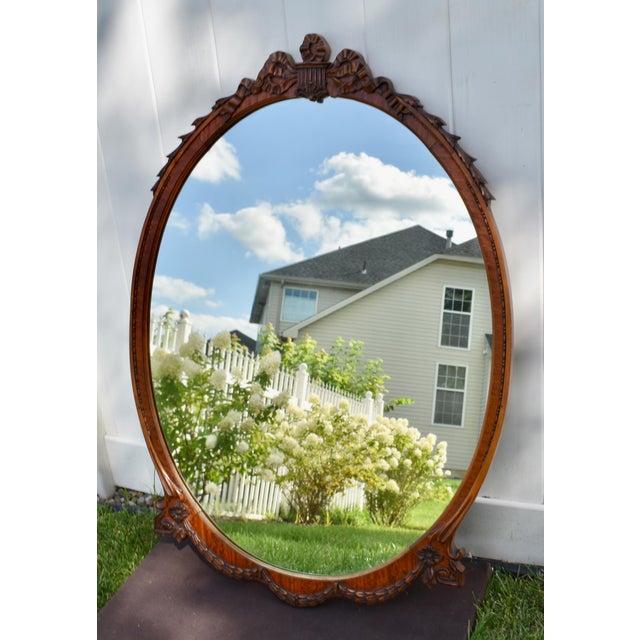 Satinwood Oval Wall Mirror Carved French Flower Basket Crest Decorative Frame For Sale - Image 11 of 15