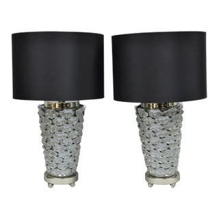 Contemporary Modern Gray Porcelain Leaf Leaves Chrome Table Lamps - A Pair For Sale