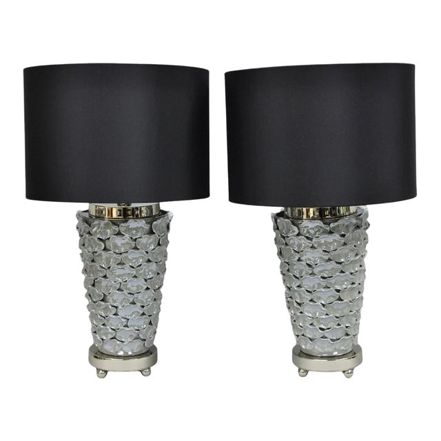 Contemporary Modern Gray Porcelain Leaf Leaves Chrome Table Lamps - A Pair For Sale