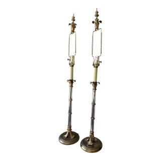 1980s John Richard Pillar Lamps Features Detailed Brass Palm Frond Accents and a Leaded Crystal Column - a Pair For Sale