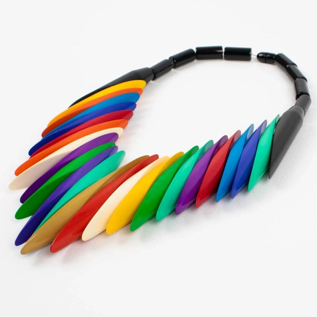 Plastic Isadora Paris Art Deco Revival Multicolor Galalith Choker Necklace For Sale - Image 7 of 11