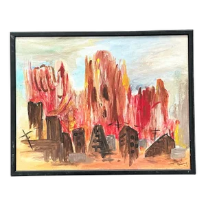 Vintage Boho Abstract Cityscape Original Oil on Board