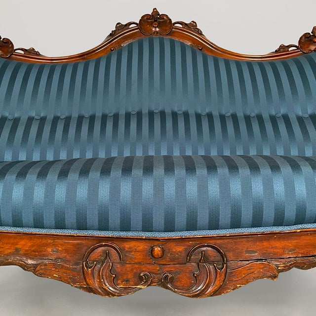 Blue Italian Louis XVI Style Wood and Blue Striped Fabric Sofa, 1930s For Sale - Image 8 of 11