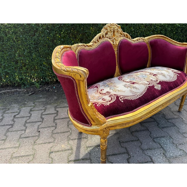 1960 French Louis XVI Burgundy Beech Velvet Sofa Set 3 PCS For Sale - Image 9 of 18