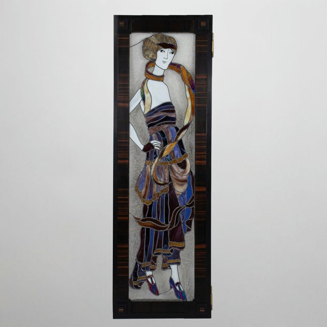 Art Deco Four Panel Stained Glass Screen Divider With Macassar Trim Featuring Iconic Flappers For Sale - Image 10 of 12