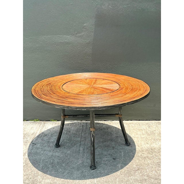 This distinctive vintage dining table beautifully balances natural texture with modern form, showcasing a meticulously...