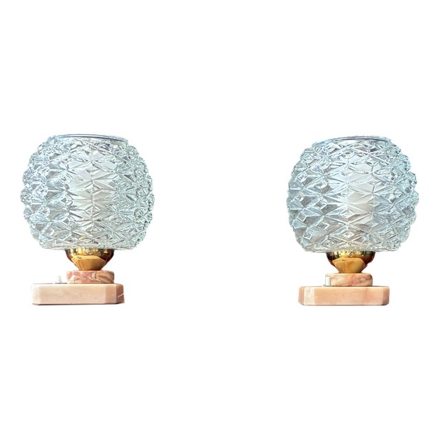 Pink Lamps in Glass and Pink Alabaster, 1970, Set of 2 For Sale
