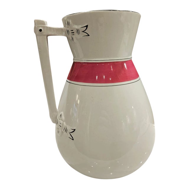 Late 19th Century English Ironstone Jug or Wash Pitcher With Pink Stripe and Black Detailing For Sale