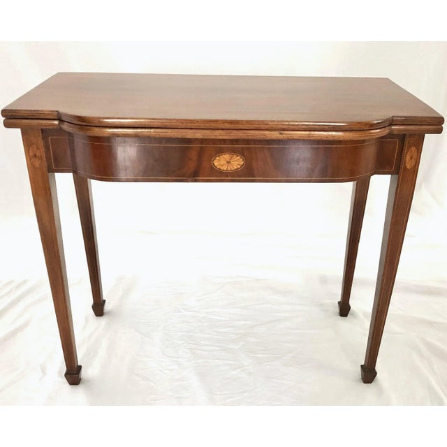 A Very Fine Late 18th c. Boston Breakfront Mahogany Card Table c.1790 with Overall Line Inlays, with Frieze and Square...