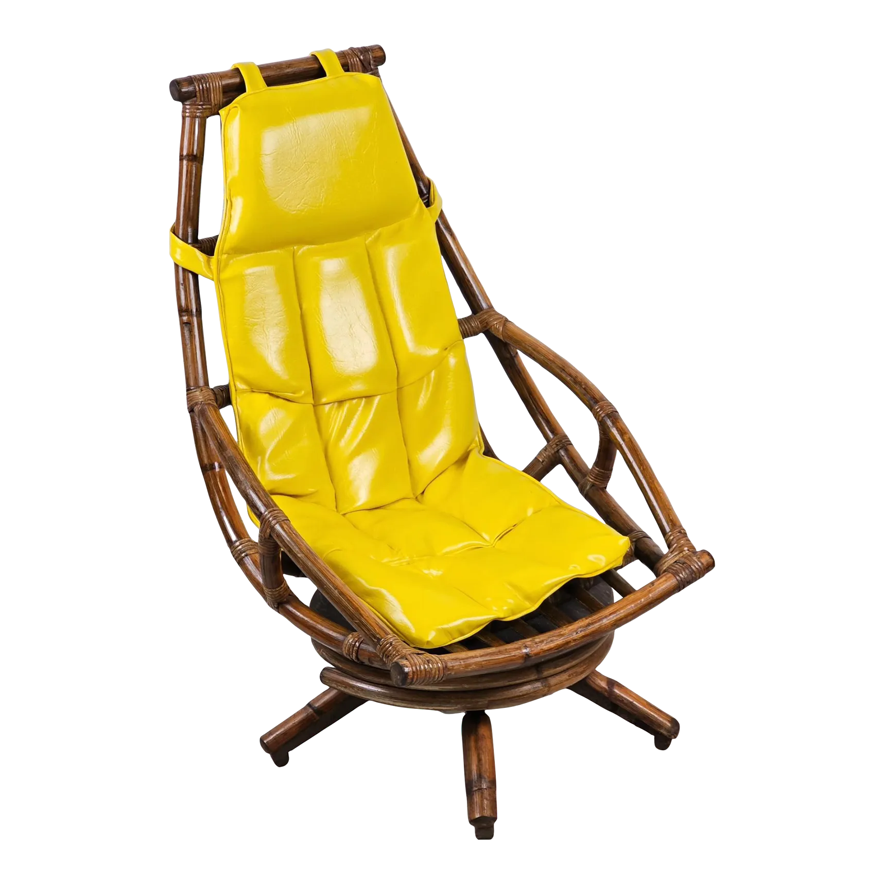 1970s Bamboo Swivel Rocking Lounge Chair With Original Yellow