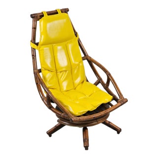 1970s Bamboo Swivel Rocking Lounge Chair With Original Yellow Naugahyde Cushion For Sale