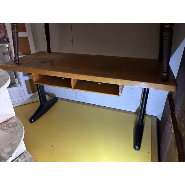 Vintage 1950s Maple Student Desk With Black Steel Legs and Cubby Storage For Sale - Image 4 of 9