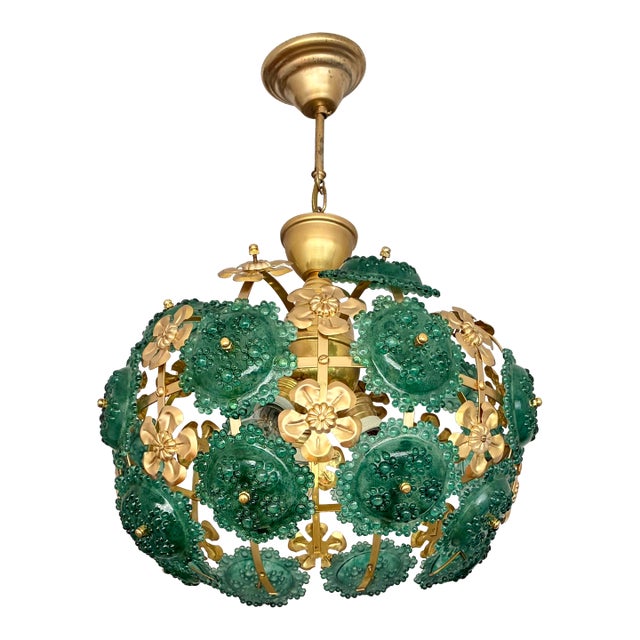 1970s Mid-Century Modern Style Teal Turquoise Hand-Painted Glass and Gold Floral Chandelier⁠ For Sale