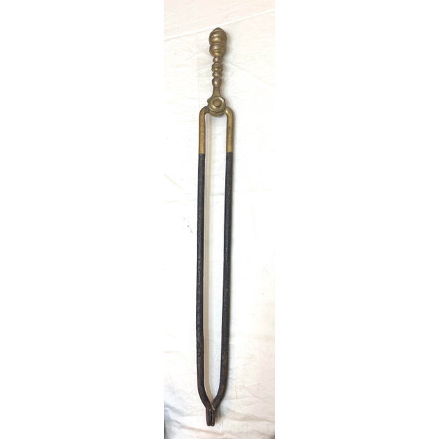 18th Century Antique 18th Century Wrought Iron Turned Brass English Fireplace Tongs Tool 1 For Sale - Image 5 of 9