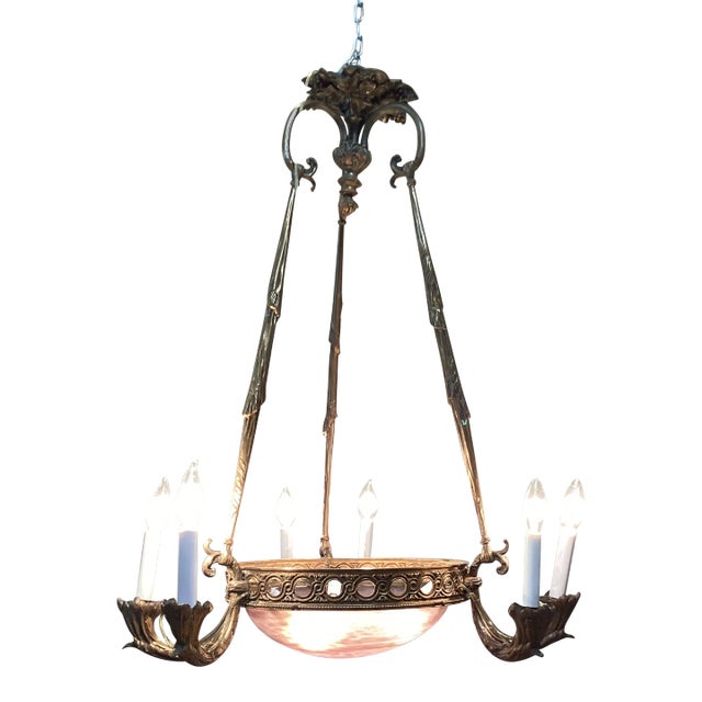 1930s French Art-Deco Chandelier W/Art Glass Dome For Sale
