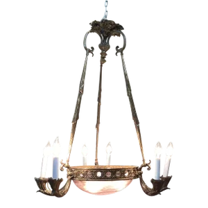 1930s French Art-Deco Chandelier W/Art Glass Dome
