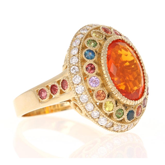 5.14 Carat Natural Fire Opal Sapphire and Diamond Yellow Gold Cocktail Ring Size 7 For Sale - Image 4 of 8