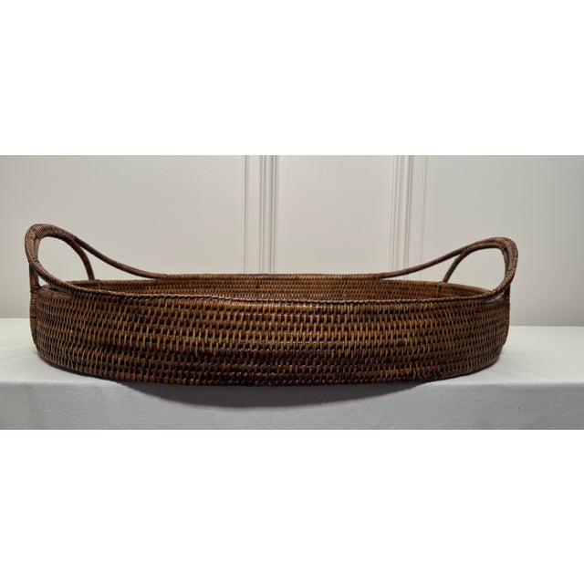 Traditional Vintage Monumental Oval Wicker Rattan & Wood Double Handled Tray For Sale - Image 3 of 9