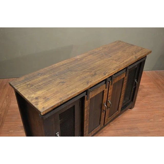 American Crafters and Weavers Greenview Sliding Door Distressed Black Tv Stand For Sale - Image 3 of 6