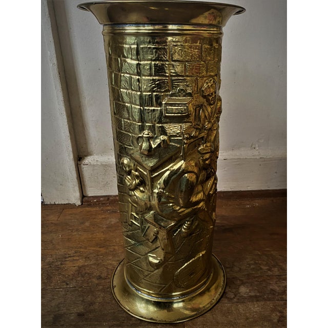 Vintage Pressed Brass Umbrella Holder Drinking & Fiddle Scene Lombard