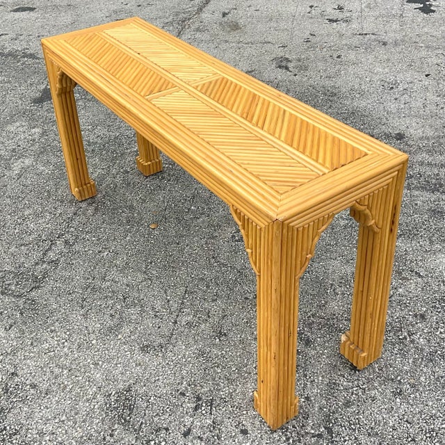 Late 20th Century Late 20th Century Vintage Coastal Pretzel Rattan Chevron Ming Console Table For Sale - Image 5 of 11