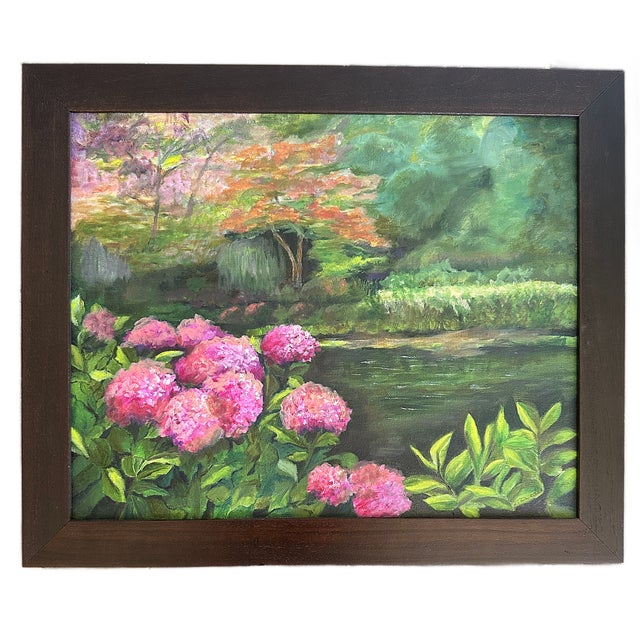 Textile 20th Century Hydrangea Landscape Oil Painting on Canvas Signed & Framed For Sale - Image 7 of 7