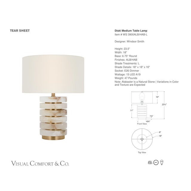 Windsor Smith by Visual Comfort Signature Diski Medium Table Lamp in Alabaster and Hand-Rubbed Antique Brass with Linen...