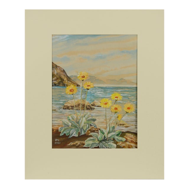 Flowers on the Beach, Botanical Watercolor Landscape For Sale