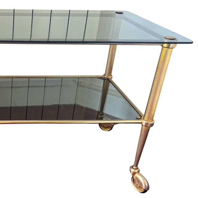 Vintage Hollywood Regency Brass and Smoked Glass Bar Cart on Castors, 1960 For Sale - Image 4 of 6