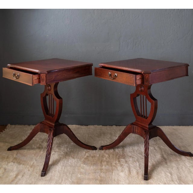 Set of Mersman Harp and Lyre Mahogany SideTables With Brass Feet and Drawers For Sale - Image 9 of 17