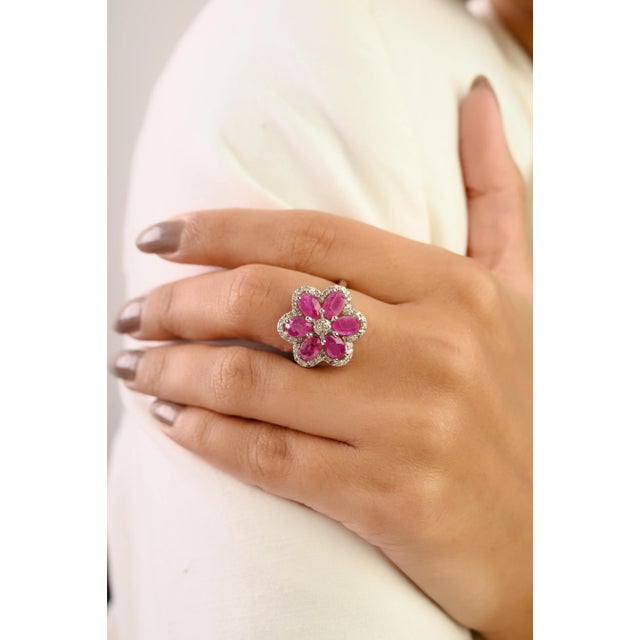 Red Handcrafted 925 Siver Oval Cut Ruby & Halo Diamond Flower Cocktail Ring - Size 6 For Sale - Image 8 of 10