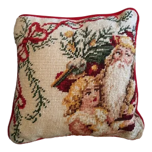 Christmas Santa St. Nick Bow Needlepoint Holiday Pillow