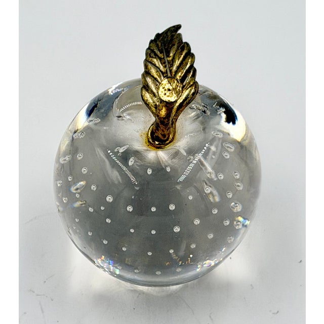 Venetian Art Glass Apple Paperweight W/Brass Leaf & Stem Bullicante Bubbles For Sale - Image 4 of 7