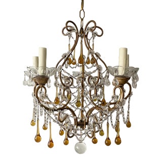 Italian Crystal Beaded Chandelier With Amber Drops For Sale