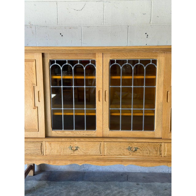 In Style of Henning Kjærnulf Oak High Sideboard Credenza With Sliding Leaded Glass Doors Danish Mid-Century Modern 1970s For Sale - Image 4 of 11