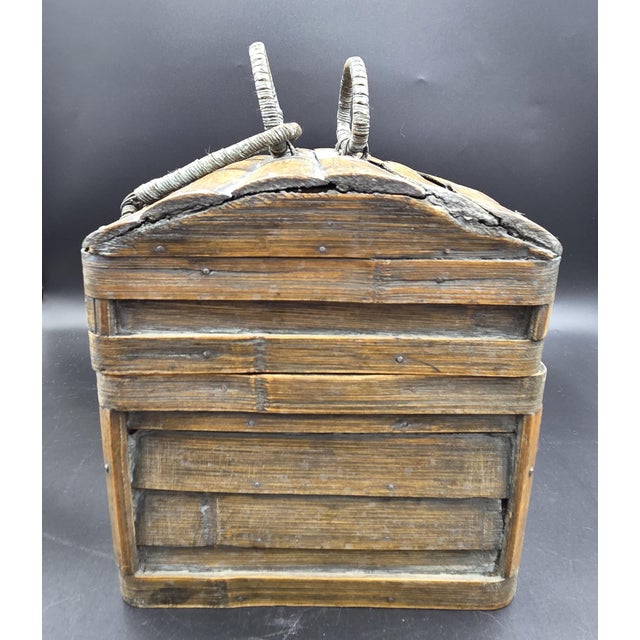 Japanese Vintage Primitive Split Bamboo Slatted Storage Chest Trunk- 13" Gathering Basket With Wrapped Wire Handles For Sale - Image 3 of 18
