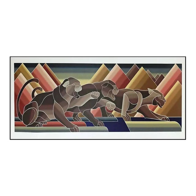John Martineau "Pumas of Patagonia" Art Deco Style Hand Signed Print For Sale