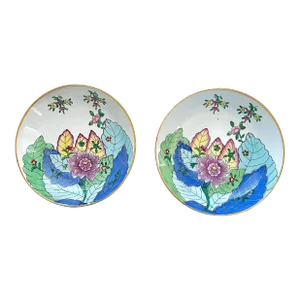 Late 20th Century Tobacco Leaf Porcelain Bowls in Brass Casing - a Pair