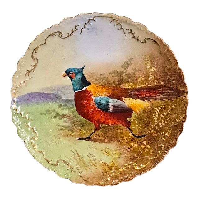 Antique Limoges French Hand Painted Gilded Pheasant Scalloped Edge Wall Plate For Sale