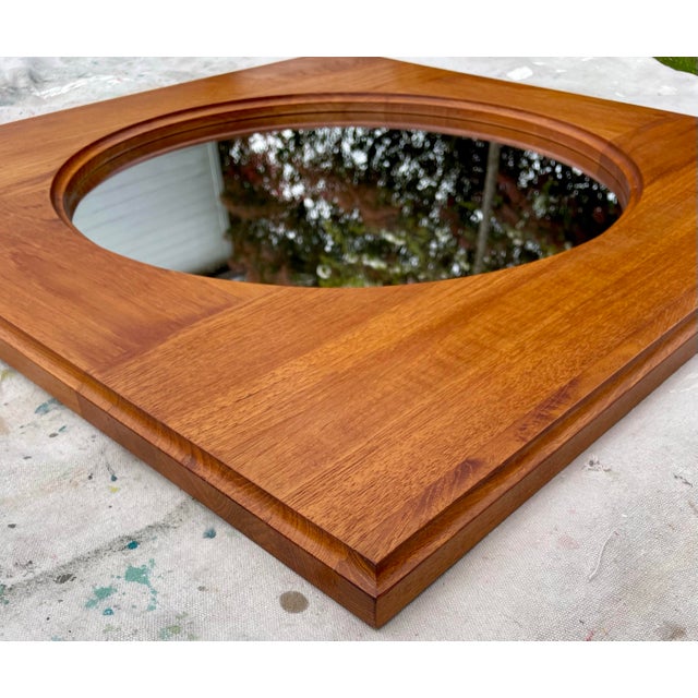 Mid-Century Modern Danish Modern Teak Round Wall Mirror by Hadsten Træindustri — Scandinavian McM, 1970s For Sale - Image 3 of 8