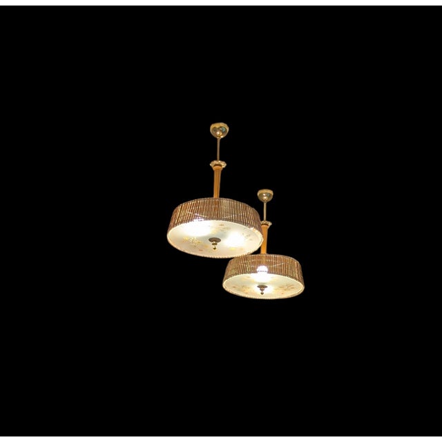 Pendant Lights attributed to Paavo Tynell with Hand-Painted Glass Diffusers attributed to Kyllikki Salmenhaara for Taito Oy, Finland, 1940s, Set of 2 For Sale - Image 6 of 18