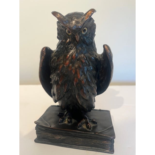 Original Bronze Owl Glass Eyes Sitting Atop a Book Austria Late 19th Century For Sale - Image 4 of 6