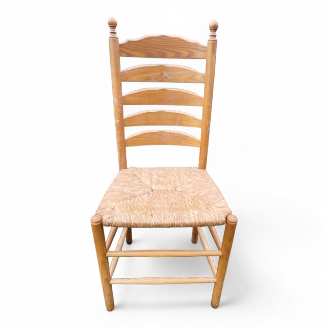 Mid-Century Modern Vintage French Farmhouse Ladderback Dining Chairs in Oak with Rush Seats, 1950s, Set of 4 For Sale - Image 3 of 13