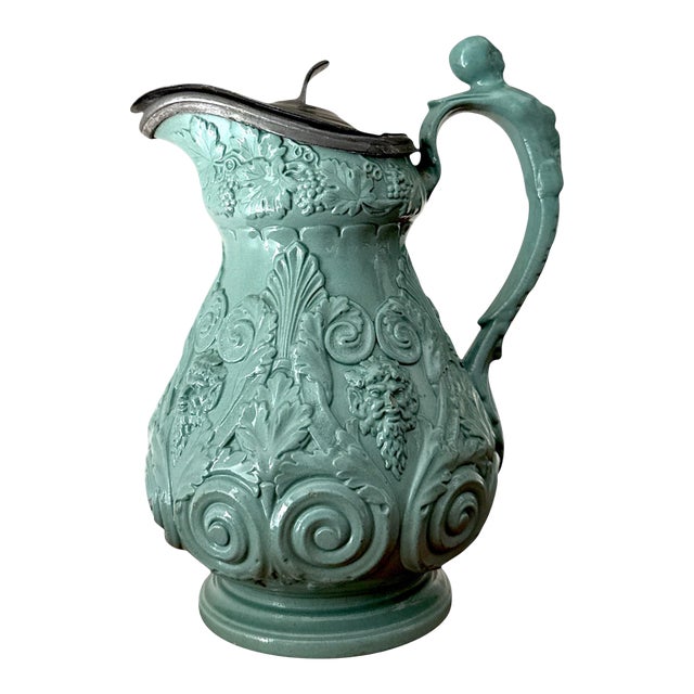 Mid 19th Century Rare Seafoam Glaze Ridgway Relief-Molded Pitcher With Pewter Lid — Bacchus Motif — 8” For Sale