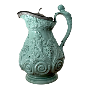 Mid 19th Century Rare Seafoam Glaze Ridgway Relief-Molded Pitcher With Pewter Lid — Bacchus Motif — 8”